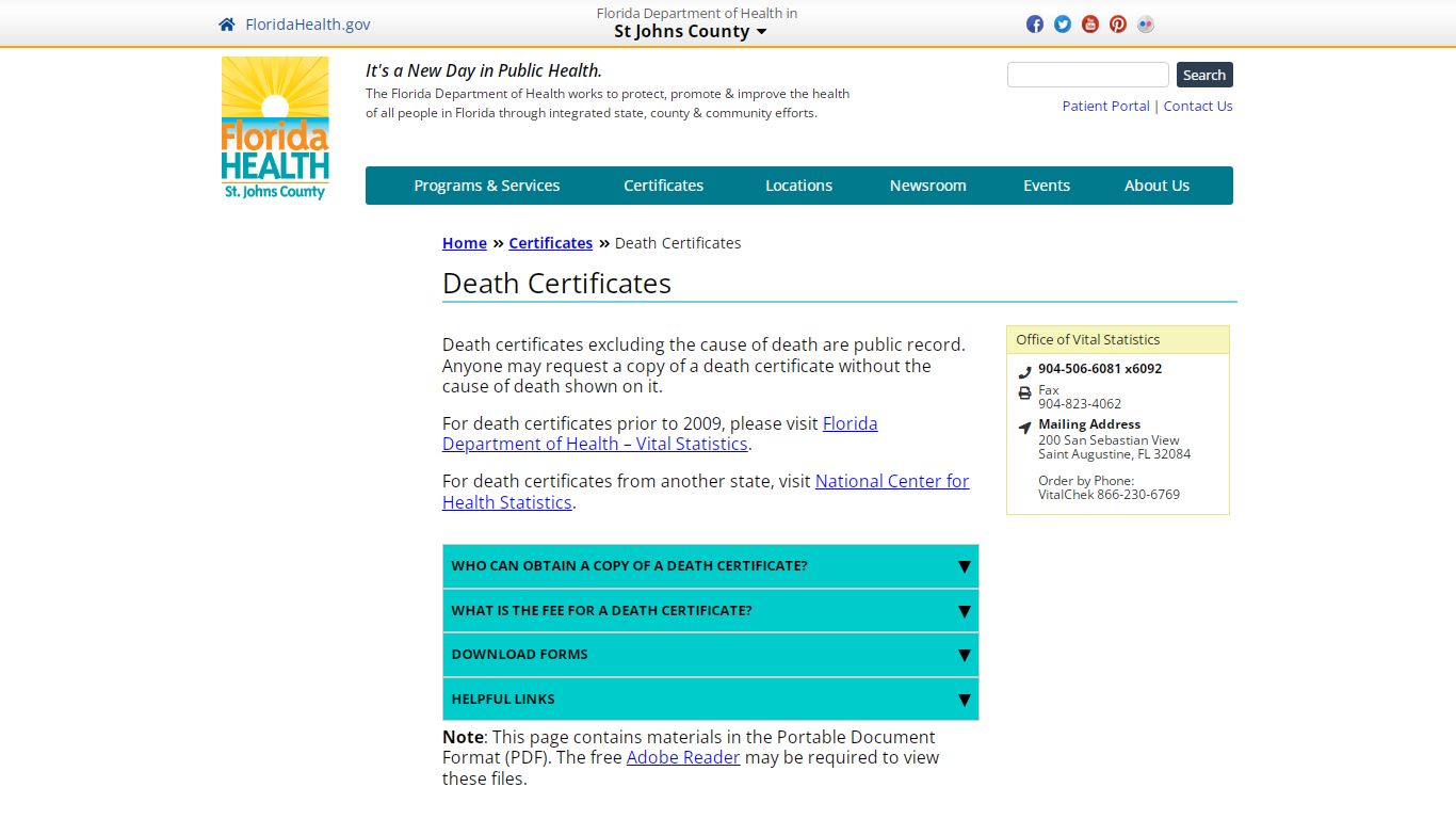 Death Certificates | Florida Department of Health in St Johns