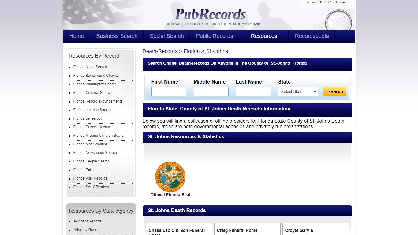 St. Johns County, Florida Death Records